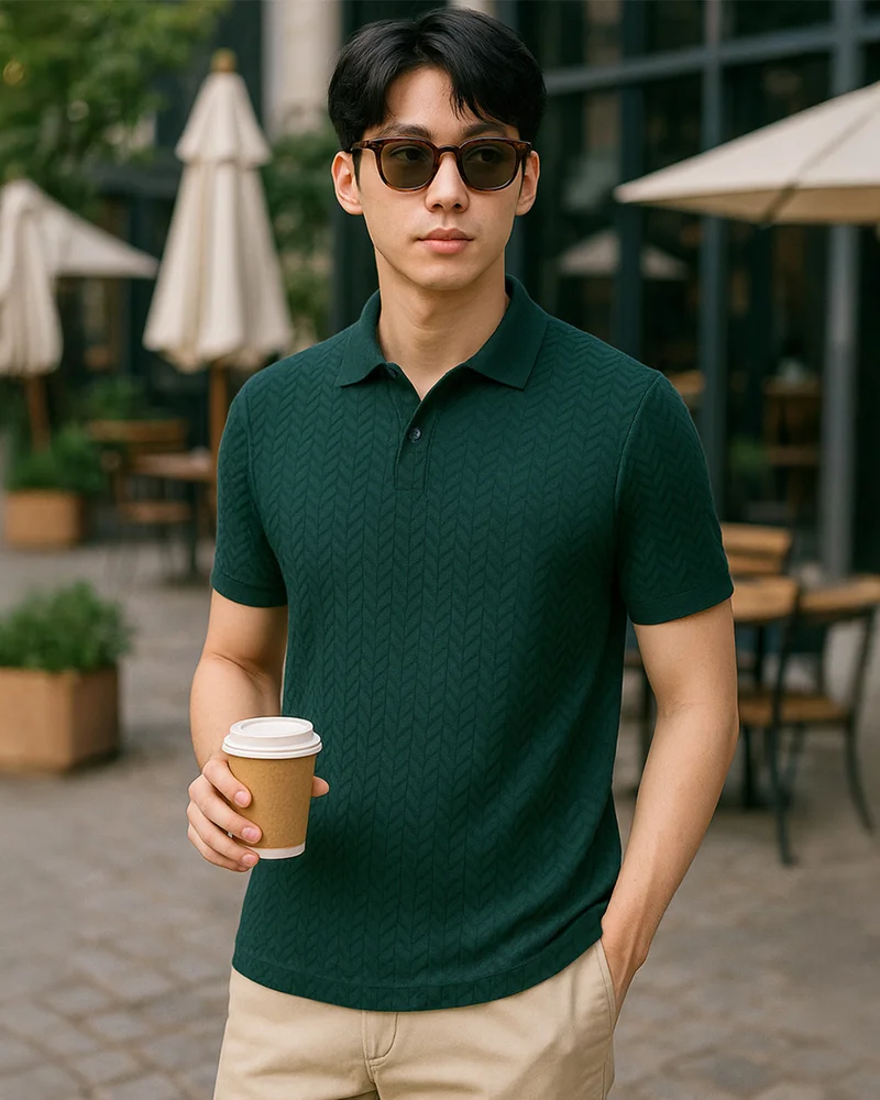 بيواكوف Men's Green Textured Korean Polo T-shirt